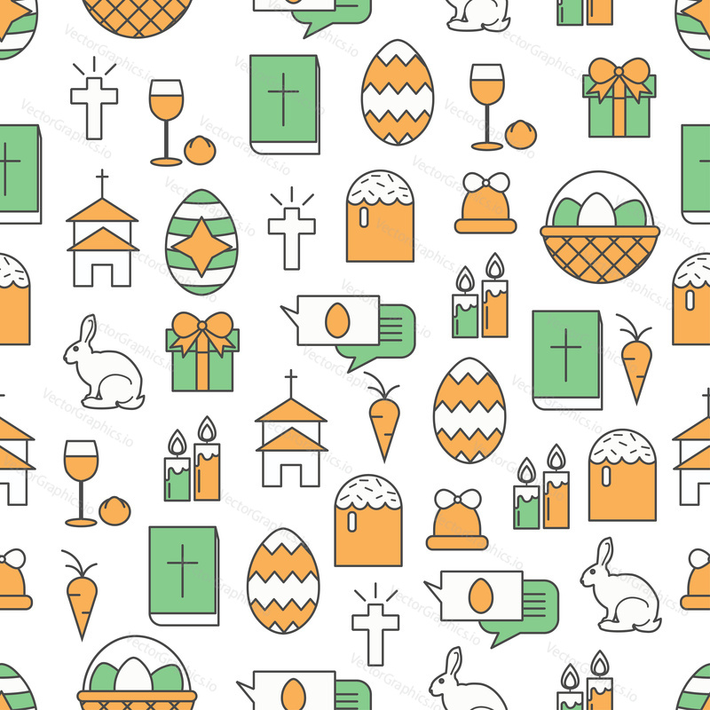 Vector seamless pattern with Easter basket, cake, eggs, bunny, church, bible, gift box, glass of wine, candles etc. Thin line art flat style design Easter background, wallpaper.