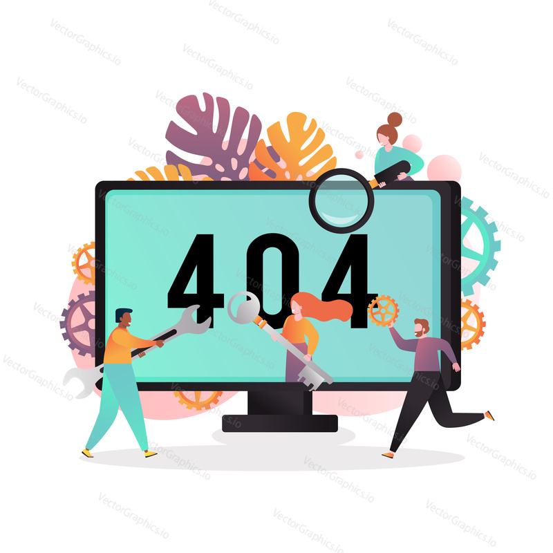Vector illustration of big computer monitor with 404 not found error network message and characters trying to fix it. Server error, page not found concept for web banner, website page etc.