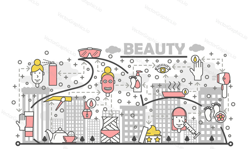 Beauty poster banner template with professional beauty and hair salon supplies and accessories. Vector thin line art flat style design elements, icons for website banners and printed materials.