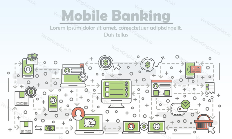 Mobile banking advertising poster banner template. Online shopping, e-commerce, mobile payment symbols. Vector thin line art flat style design elements, icons for website banners and printed materials