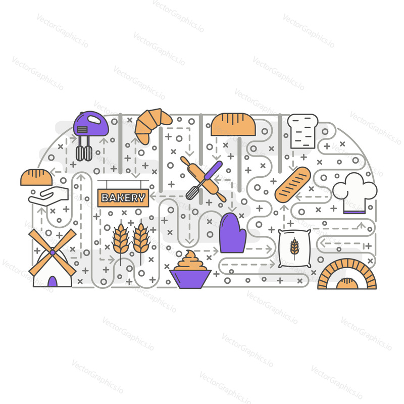 Bakery creative concept with thin line vector icons in shape of bread loaf. Home bread baking collage with croissant, loaf and mill icon. Baking design elements of flour, wheat ears, chef cap, oven