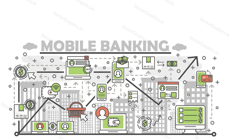 Mobile banking poster banner template. Online shopping, e-commerce, mobile payment symbols. Vector thin line art flat style design elements, icons for website banners and printed materials.