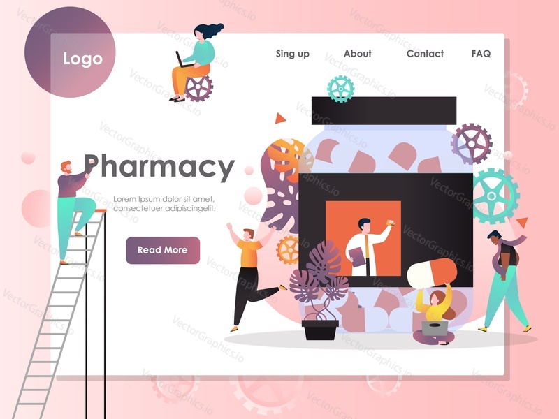 Векторный шаблон веб-сайта аптеки, дизайн веб-страницы и целевой страницы для разработки веб-сайтов и мобильных сайтов. Фармакологический бизнес, концепция фармацевтической промышленности.