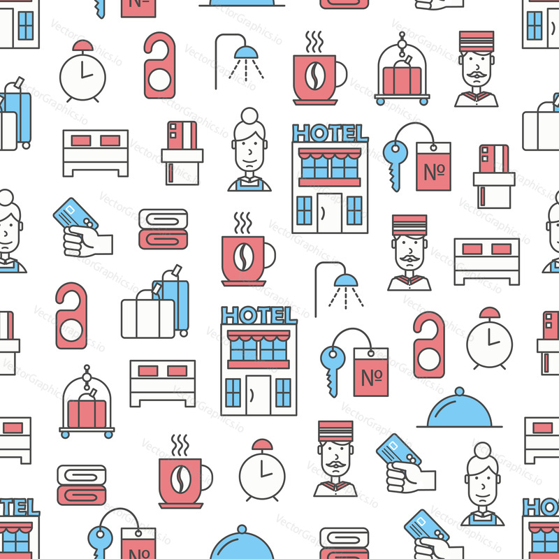 Vector seamless pattern with hotel building, doorman, housemaid, luggage cart, shower, key, hotel room door hanger sign, alarmclock, bed. Thin line art flat style design hotel background, wallpaper.