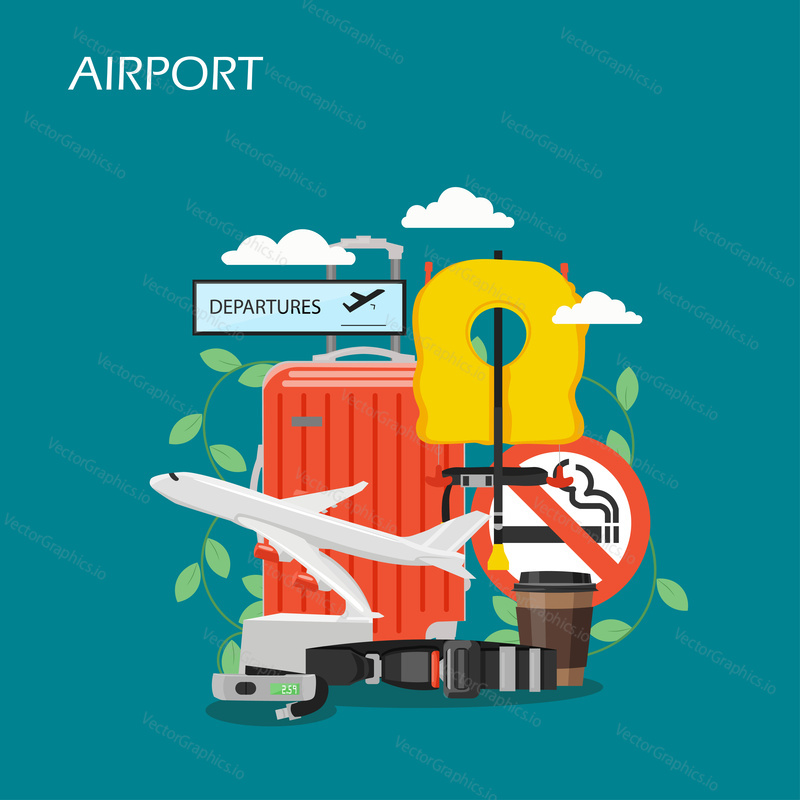 Airport vector flat illustration. Plane, luggage, coffee cup, aviation life vest and seat belt etc. Safety equipment on board, onboard flight services concept for web banner, website page etc.