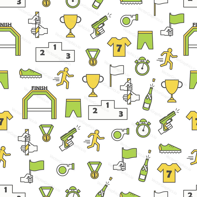 Vector seamless pattern with trophy award cup, medallion with ribbon, sport clothing, relay race contest symbols, icons. Thin line art flat style design sport competition background, wallpaper.