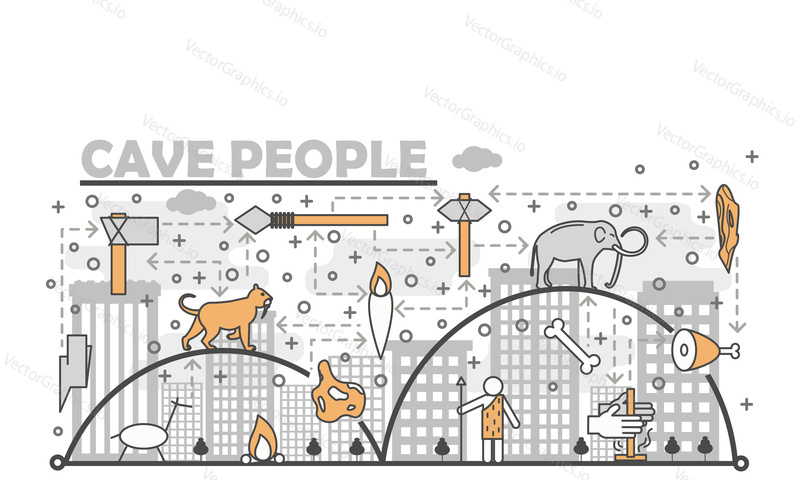 Primitive prehistoric cave people poster banner template. Caveman, stone tools, mammoth, bonfire, torch etc. Vector thin line art flat style design elements for website banner and printed materials.