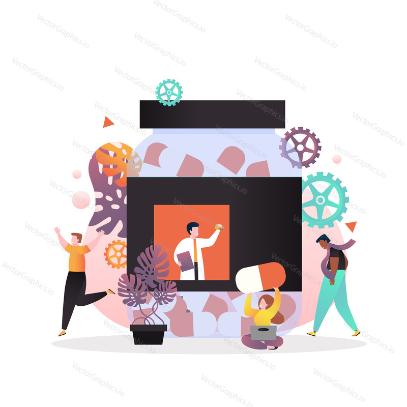 Vector illustration of big pill bottle with pharmacist, scientist on label, sick and healthy patients cartoon characters. Healthcare, pharmaceutical industry concept for web banner, website page.