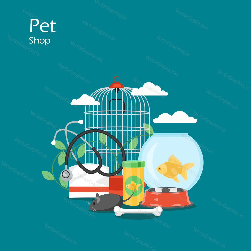 Pet shop vector flat style design illustration. Fish in aquarium, bird cage, food bowl, bone, toys, vet stuff. Pet store composition for web banner, website page etc.