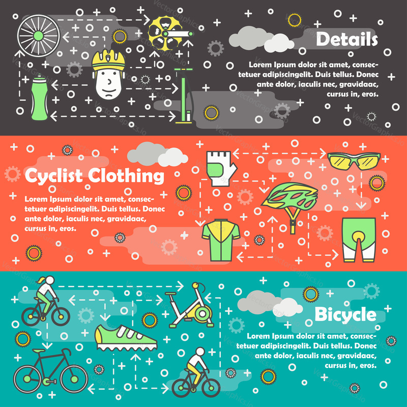 Bicycle vector web banner template set. Details, Cycling clothing, Bicycle concept thin line art flat style design elements.