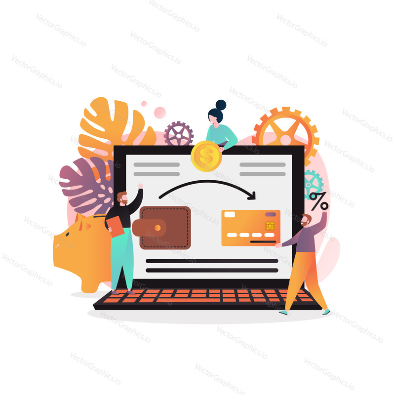 Vector illustration of big laptop with wallet and credit card on screen, customers, percentage sign, piggy bank. Internet banking, money savings, financial transaction, online deposit concepts for web