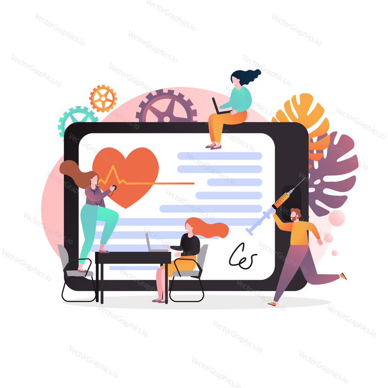 Vector illustration of big tablet and people listening to heart with stethoscope, holding syringe, using laptops. Telemedicine, online diagnosis and treatment concept for web banner, website page etc.