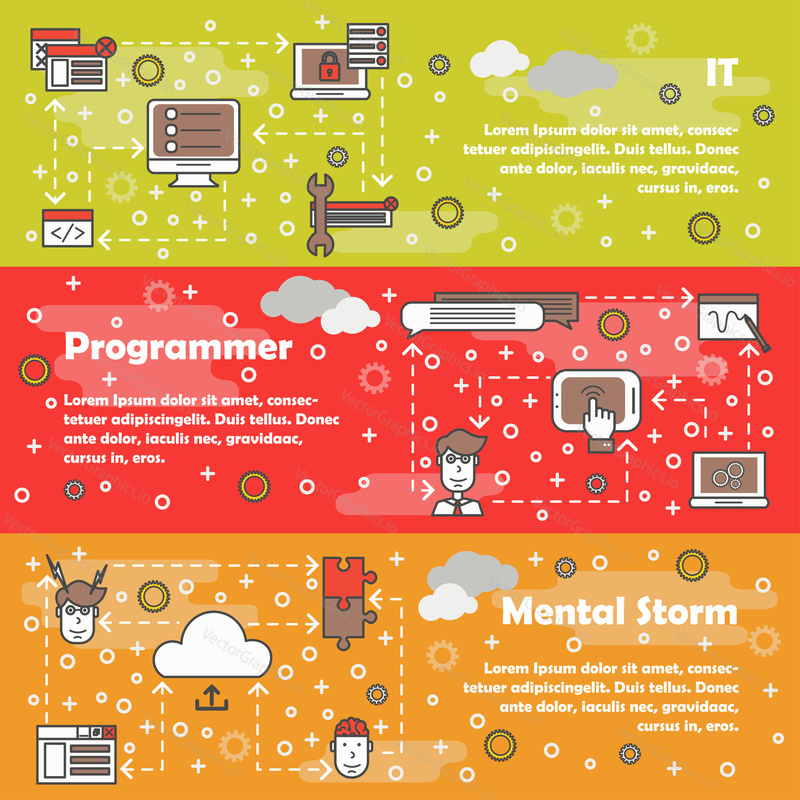 Information technology vector web banner template set. IT, Programmer and Mental storm concept thin line art flat style design elements.