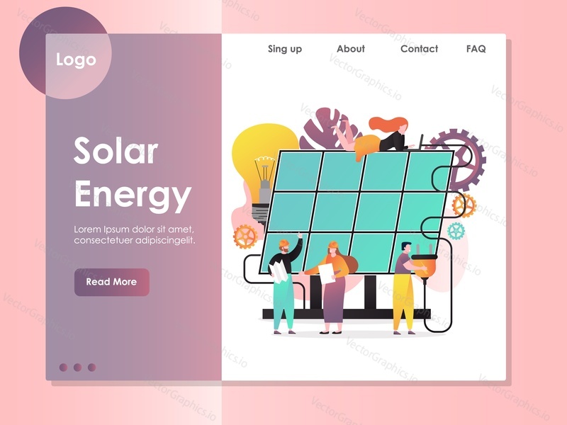 Solar energy vector website template, web page and landing page design for website and mobile site development. Renewable green energy production and consumption.