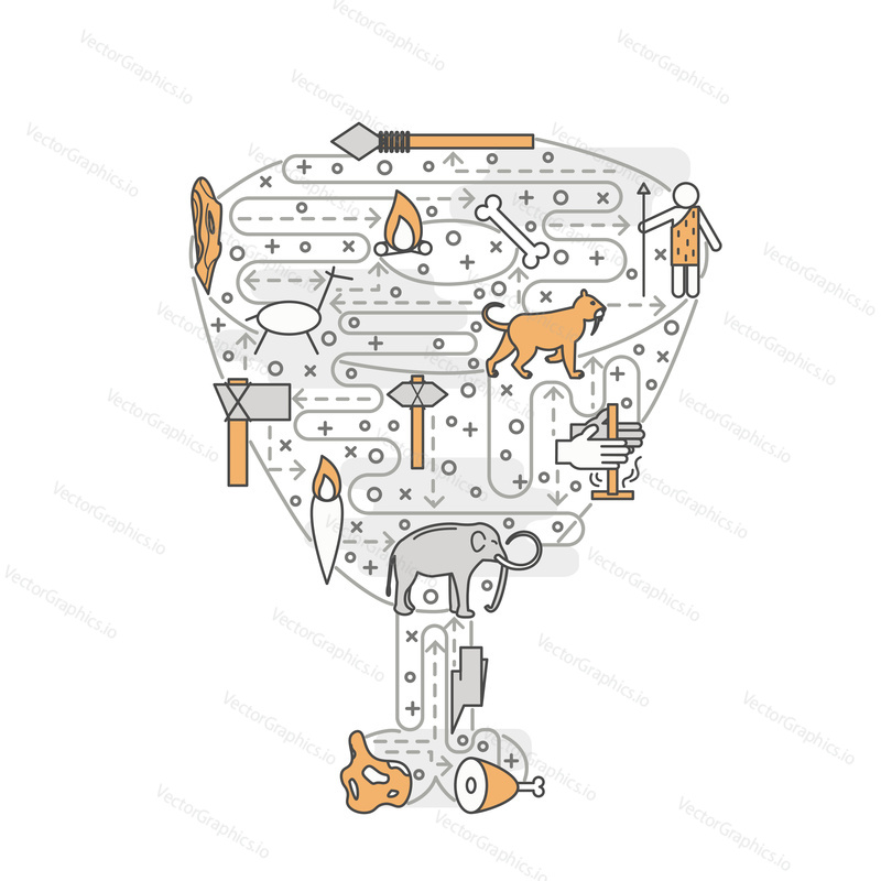 Cave people poster banner template. Vector thin line art flat style design elements, icons in shape of caveman food wild animal leg.