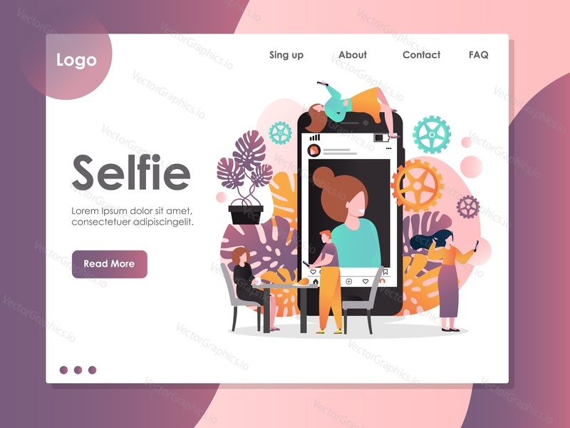 Selfie vector website template, web page and landing page design for website and mobile site development. Selfie app, social network concepts.