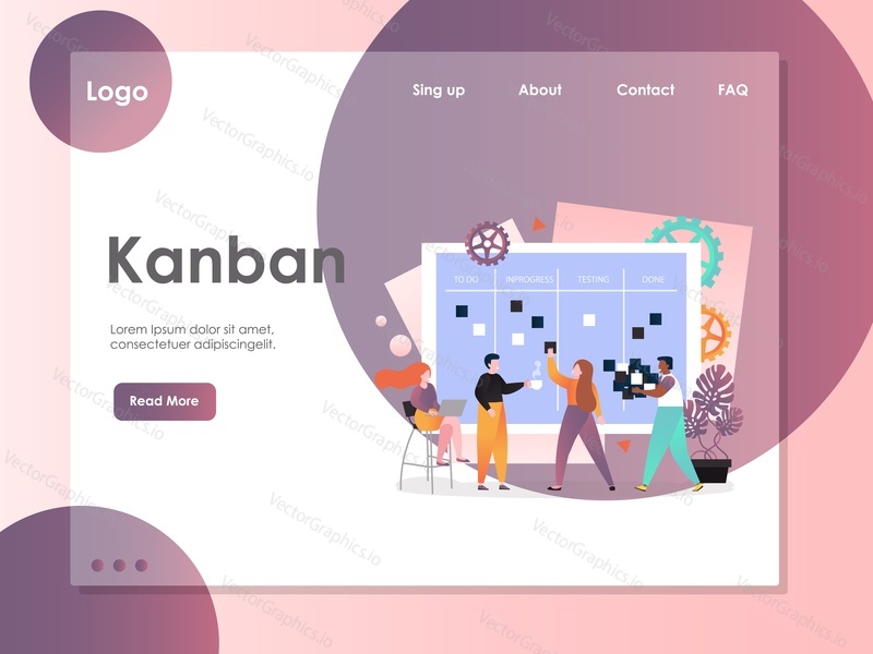 Kanban vector website template, web page and landing page design for website and mobile site development. Agile kanban methodology, scrum task board, software development concepts.