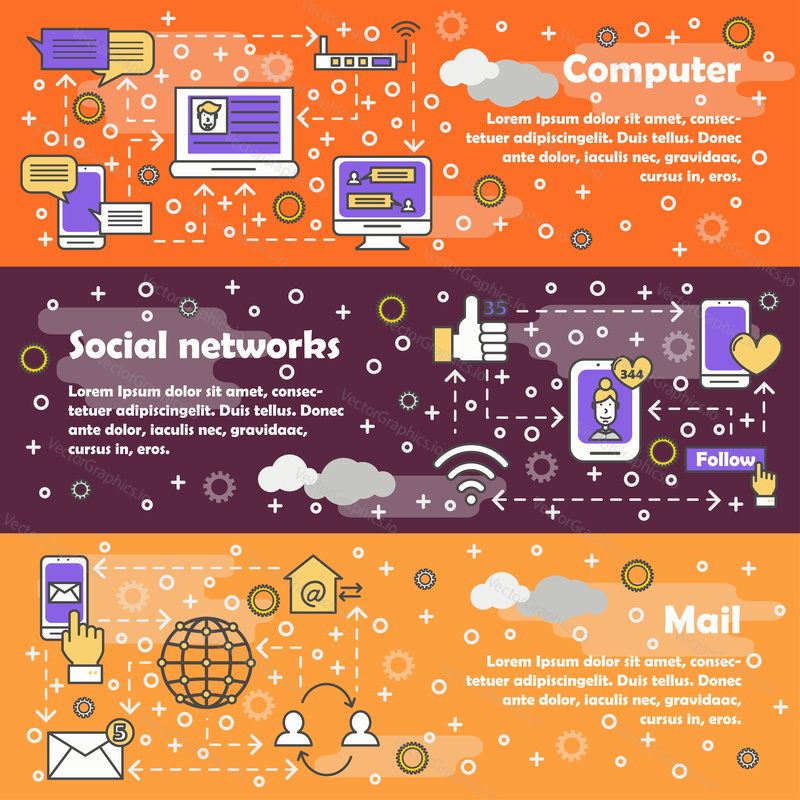 Vector web banner template set. Computer, Social networks, Mail concept thin line art flat style design elements.