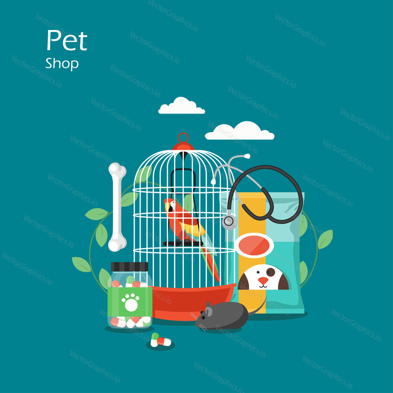 Pet shop vector flat style design illustration. Parrot in cage, dog food, bone, mouse toy, vet stethoscope, pill bottle. Animal supplies and pet accessories composition for web banner, website page.
