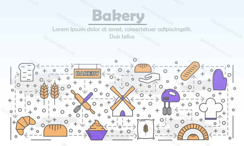 Baking simple mono linear vector pictograms with line icons. Home bakery stroke collage with contours of bread loaf, croissant, mill, dough, wheat ears, chef cap, oven, kitchen mitten, mixer etc.