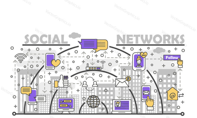 Social networks poster banner template. Social media, online chat, email communication symbols. Vector thin line art flat style design elements, icons for website banners and printed materials.