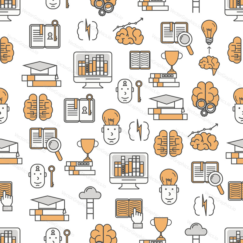 Vector seamless pattern with brain training, brainstorming, innovation, creative thinking symbols, icons. Thin line art flat style design brain background, wallpaper.