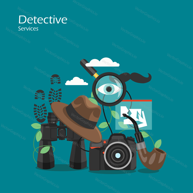 Detective services vector flat style design illustration. Magnifier, hat, binoculars, photo camera, smoking pipe etc. Spy or private investigator equipment and accessories for web banner, website page