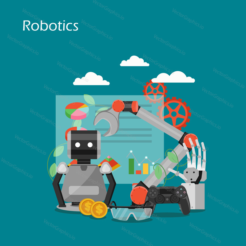 Robotics vector flat illustration. Robot, industrial robotic arm and hand, charts, graphs, joystick, dollar coins. Business process automation technology concept for web banner, website page etc.