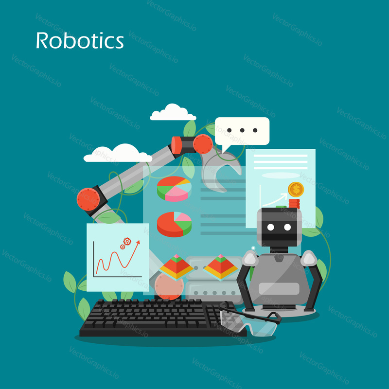 Robotics vector flat style design illustration. Robot, industrial robotic arm, keyboard, charts, graphs. Artificial intelligence, robotic technology, automation concepts for web banner, website page.