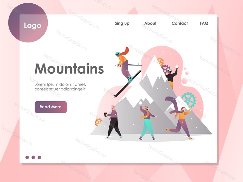 Mountains vector website template, web page and landing page design for website and mobile site development. People enjoying skiing, playing snowballs and drinking coffee. Skiing resort services.