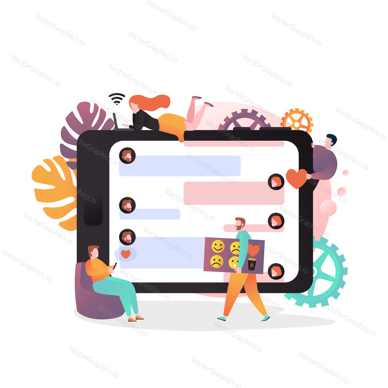 Vector illustration of big tablet and characters texting messages using gadgets. Online correspondence, chatting, likes via social networking, wifi connection concepts for web banner website page