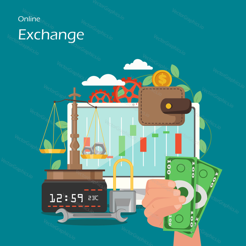 Online exchange vector flat illustration. Computer with candlestick charts on monitor, hand with money, wallet and dollar coin, scales, etc. Stock exchange market set for web banner, website page etc.