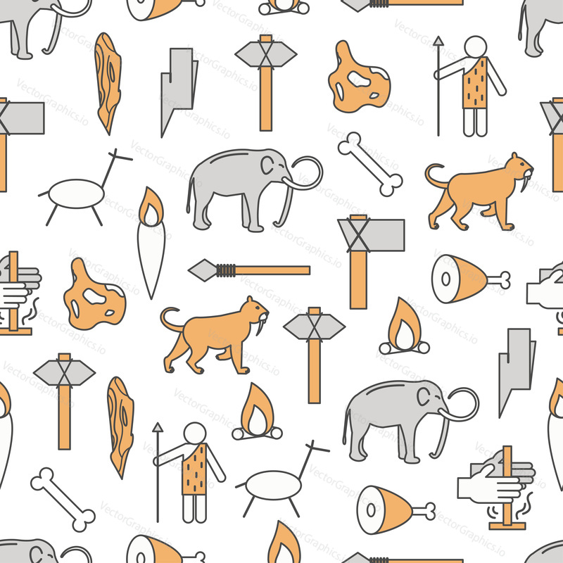Vector seamless pattern with caveman, stone tools, mammoth, bonfire, torch etc. Thin line art flat style design cave people background, wallpaper.