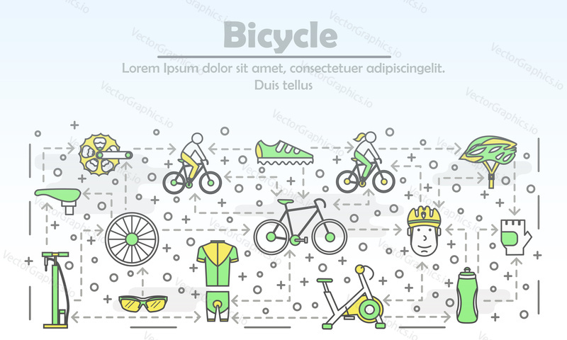Bicycle advertising poster banner template. Bike, exercise bicycle, race cycling gear and clothing. Vector thin line art flat style design elements, icons for website banner and printed materials