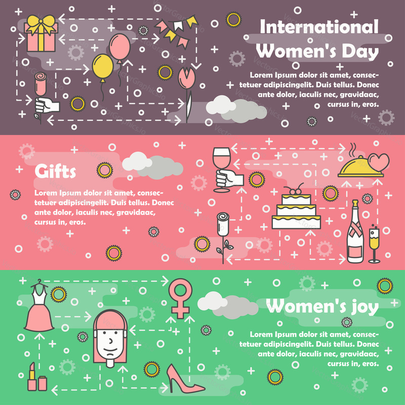 Vector web banner template set. International womens day, Gifts, Womens day concept thin line art flat style design elements.