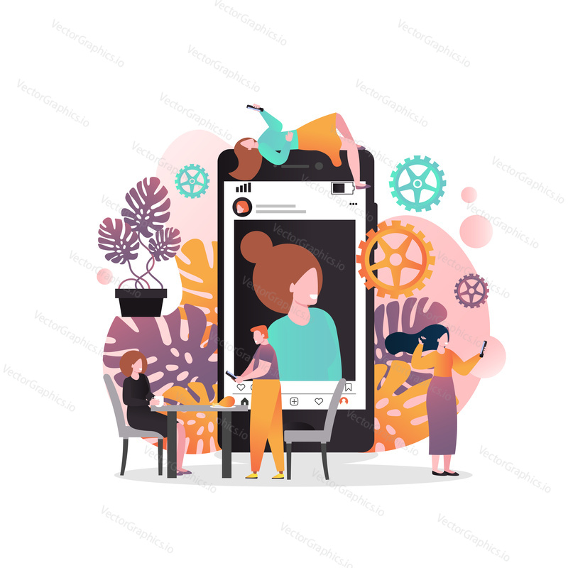 Vector illustration of big smartphone with woman portrait on screen, people taking selfie for social network website using mobile phones. Selfie photo app concept for web banner, website page etc.