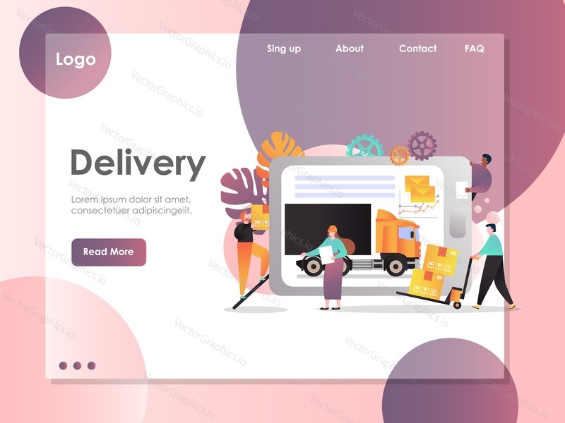Delivery vector website template, web page and landing page design for website and mobile site development. Package delivery service, online correspondence concepts.