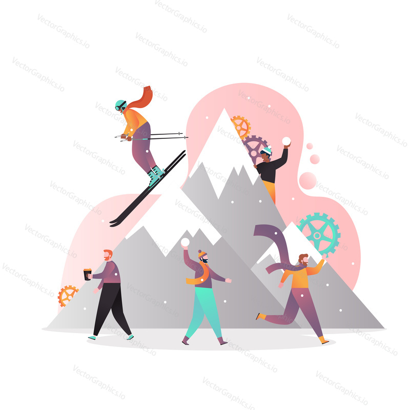 Rest in mountains vector illustration. People enjoying skiing, playing snowballs and drinking coffee. Winter holidays in mountains, ski resort services concepts for web banner, website page etc.