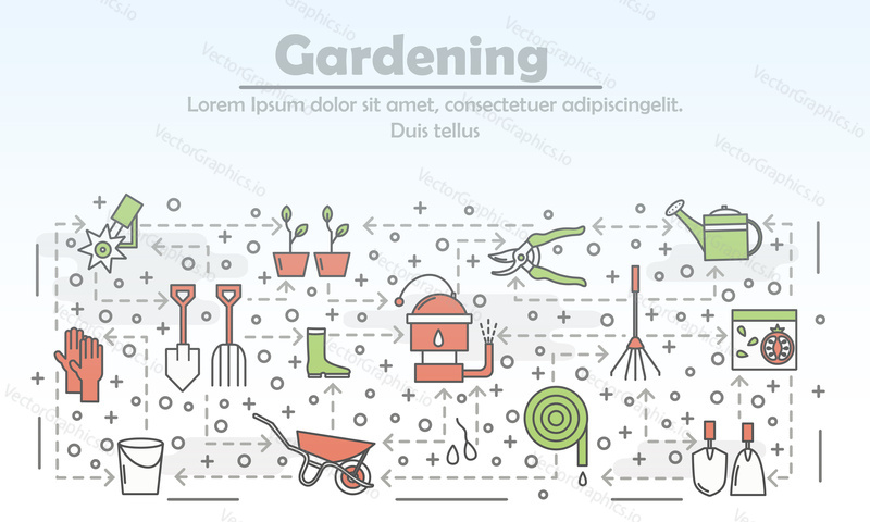 Gardening advertising poster banner template. Garden tools, equipment and clothing. Vector thin line art flat style design elements, icons for website banners, printed materials.