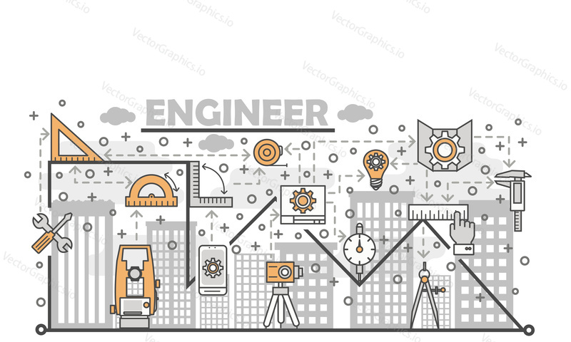 Engineer poster banner template. Measuring tools and devices vector thin line art flat style design elements, icons for website banner and printed materials.