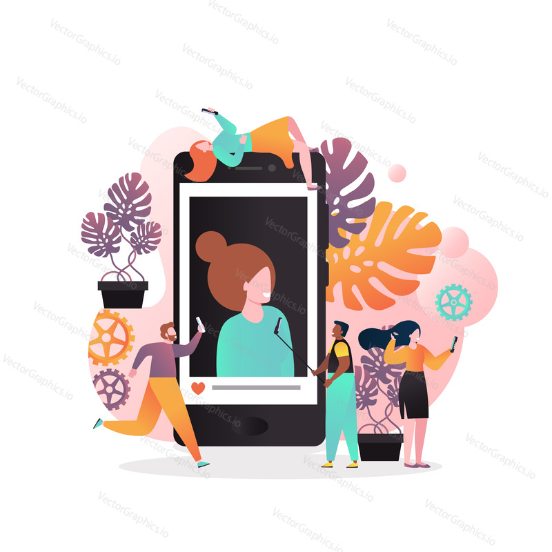 Vector illustration of big smartphone with woman portrait on screen, people taking selfie using mobile devices and monopod stick. Selfie phone accessories, photo app concepts for web banner etc.