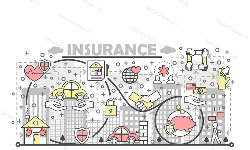 Insurance poster banner template. Life, health, property, deposit insurance symbols. Vector thin line art flat style design elements, icons for web banners and printed materials.