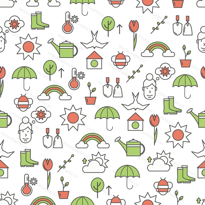 Vector seamless pattern with spring symbols, gardening tools and clothes. Thin line art flat style design springtime background, wallpaper.