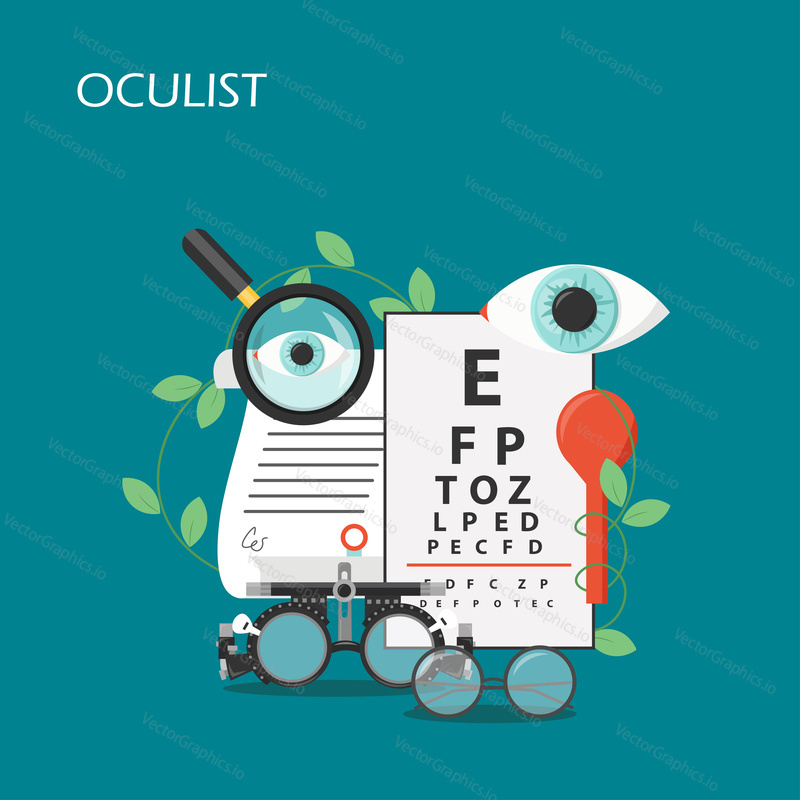 Oculist vector flat illustration. Magnifying glass, eye, eyeglasses, eye test chart, trial frame, prescription. Ophthalmologist equipment for eyesight test and correction for web banner, website page.