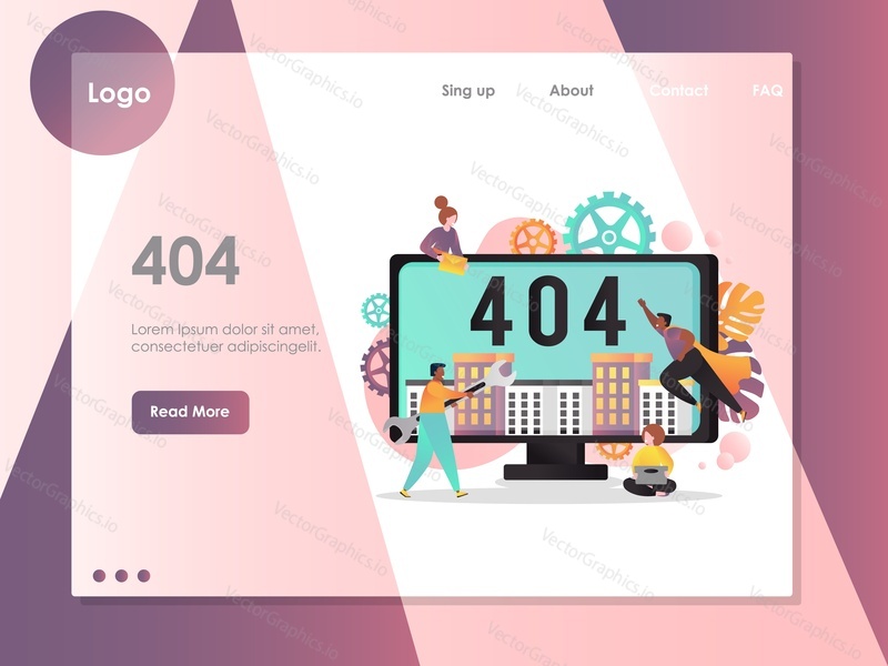 Ошибка 404 страница не найдена векторный шаблон веб-сайта, дизайн веб-страницы и целевой страницы для разработки веб-сайтов и мобильных сайтов. Техническое обслуживание веб-сайта или концепция строящегося сайта.