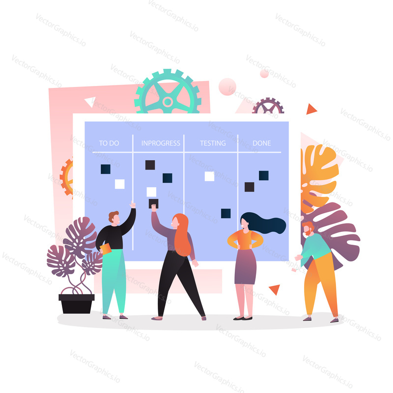 Vector illustration of employees moving cards on whiteboard from start to finish business project, process. Agile kanban methodology, teamwork, software development concept for web banner, webpage.