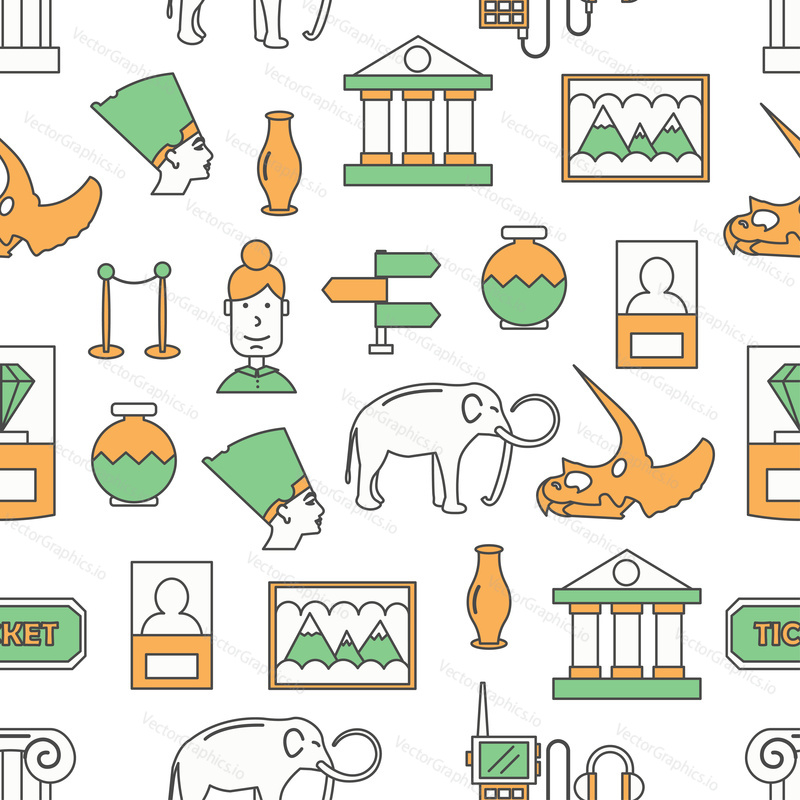 Vector seamless pattern with ancient Egypt artifacts, animal remains, art museum exhibits etc. Thin line art flat style design museum background, wallpaper.
