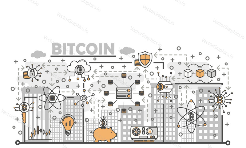 Bitcoin poster banner template. Bitcoin digital currency cryptocurrency mining vector thin line art flat style design elements, icons for website banner and printed materials.