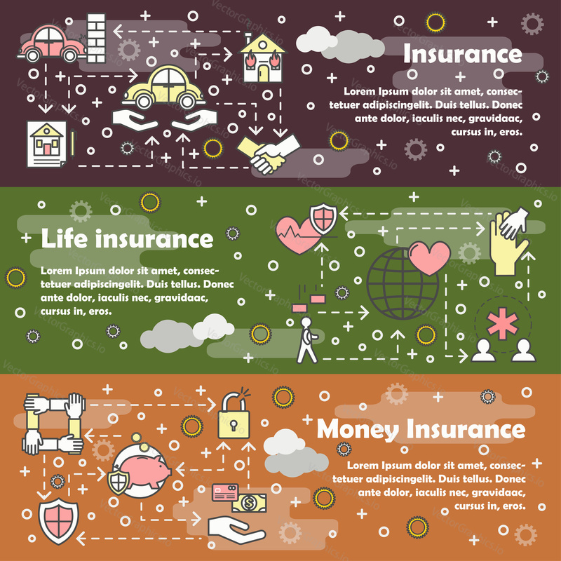 Vector web banner template set. Insurance, Life insurance and Money insurance concept thin line art flat style design elements.