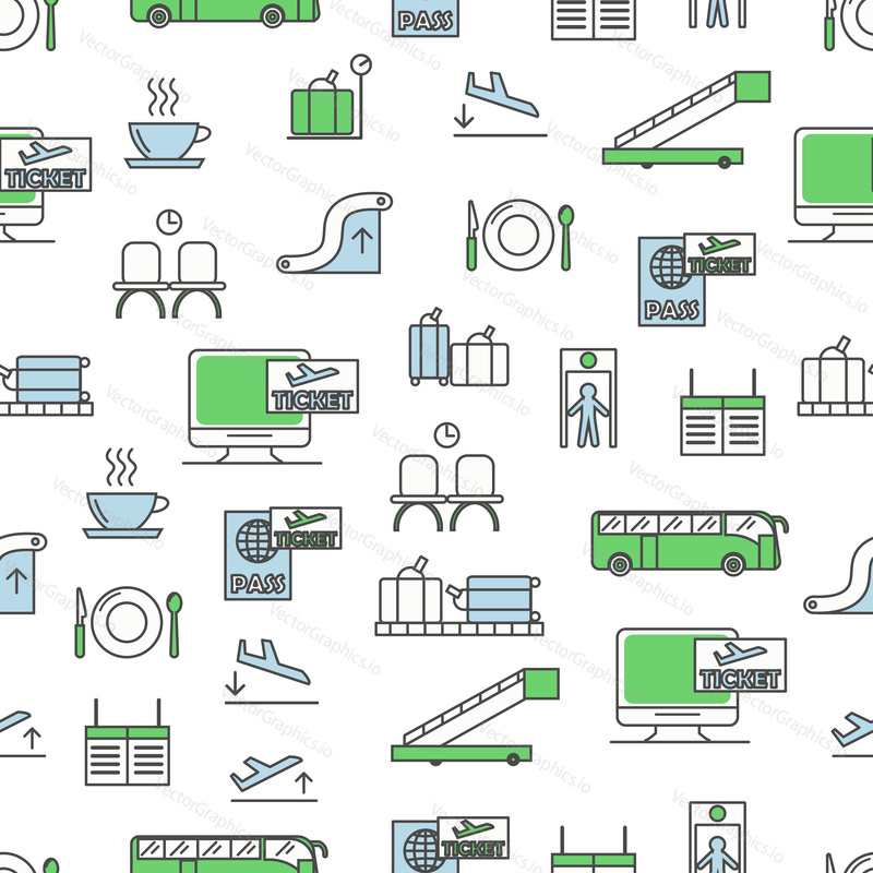 Vector seamless pattern with airport icons. Thin line art flat style design background, wallpaper.